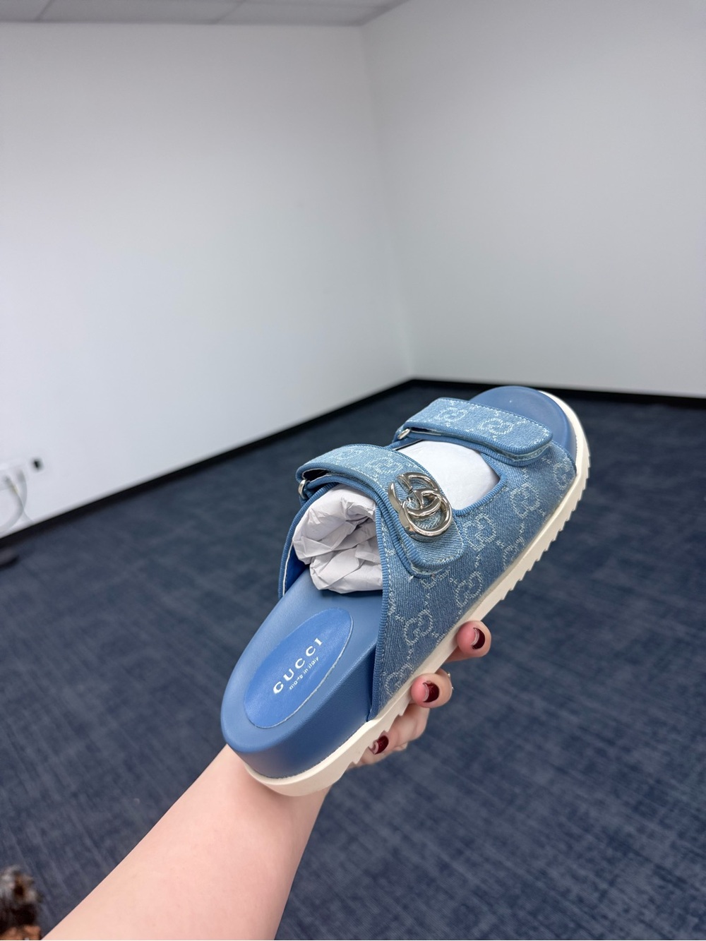 Gucci Light Blue GG Denim Double-Strap Slide Mule